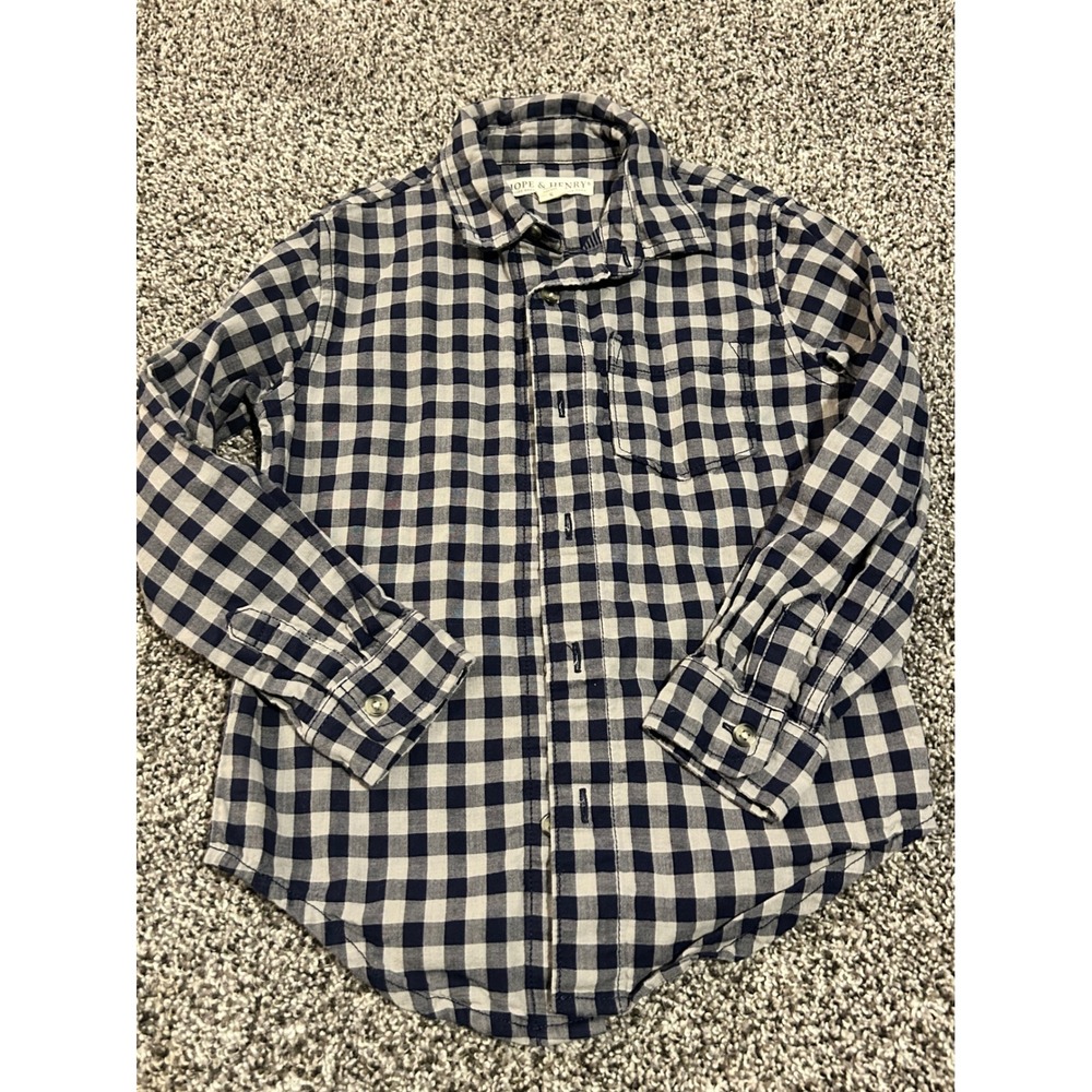 Cc11 Hope & Henry Kids Small Checkered Button-Up Shirt Boys Girls Gray Blue‎